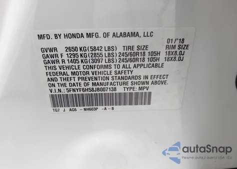 2018 Honda Pilot Ex-L z USA, uszkodzony, nr VIN 5FNYF6H58JB007138